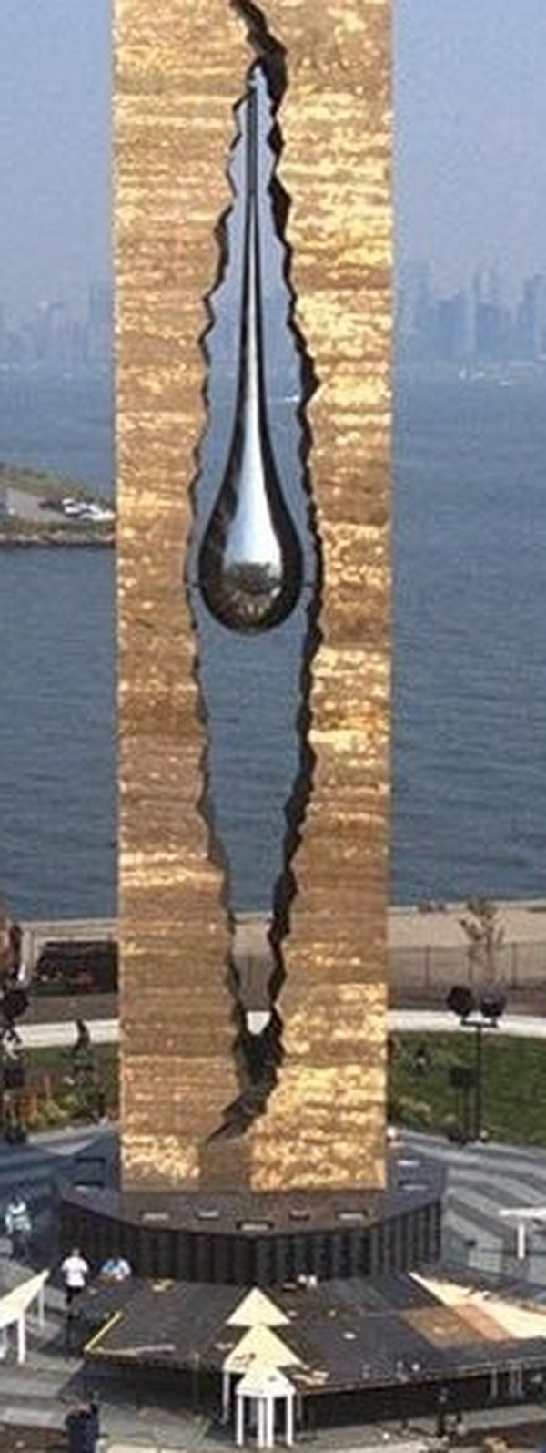 Close view of the stainless-steel teardrop suspended within the rift